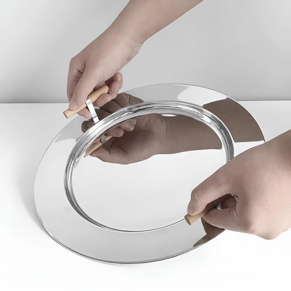 Elegant Stainless Steel Round Tray with Wooden Handles