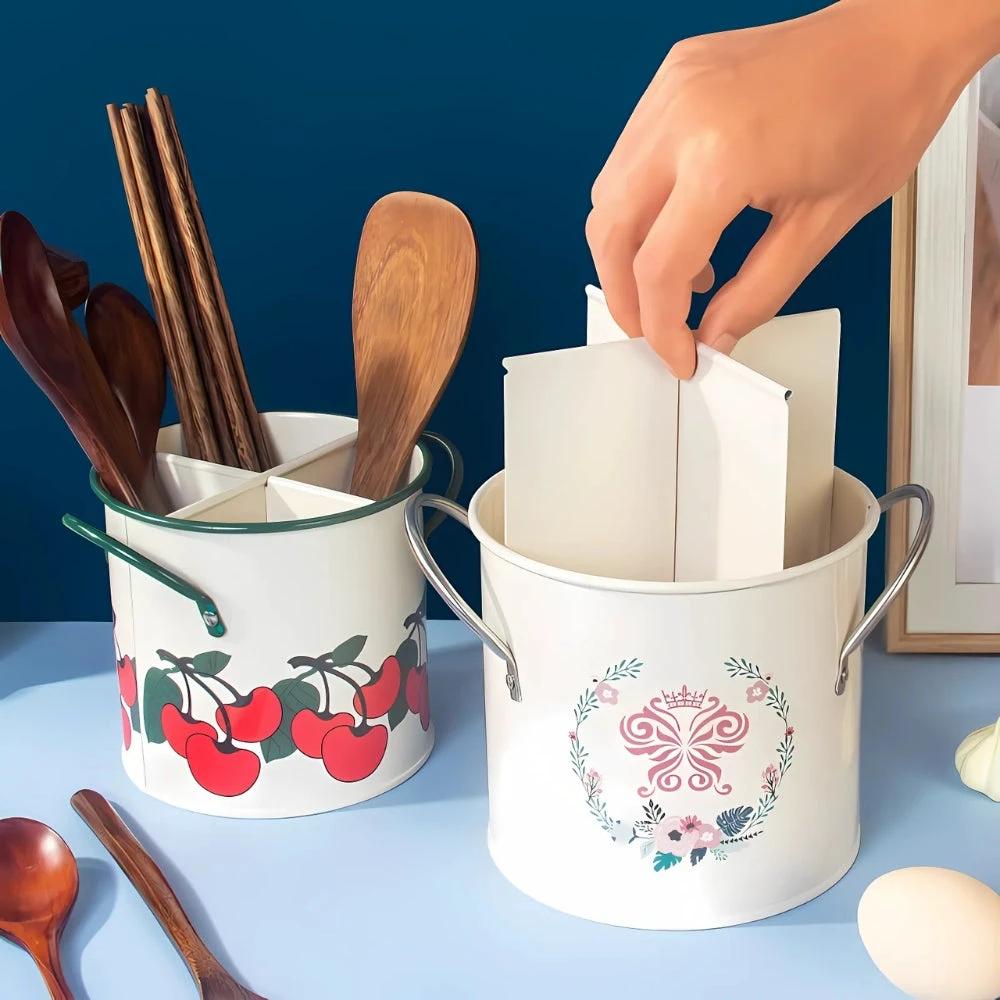 Floral Utensil Storage Basket with Divider Lid
