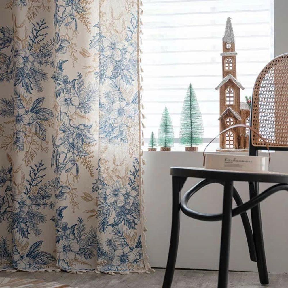 Farmhouse Botanical Blue Floral Curtain