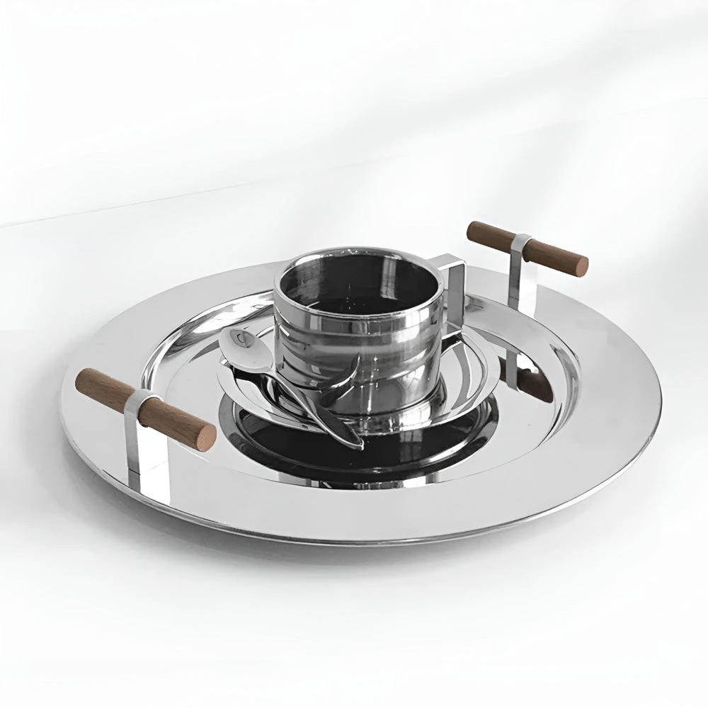Elegant Stainless Steel Round Tray with Wooden Handles