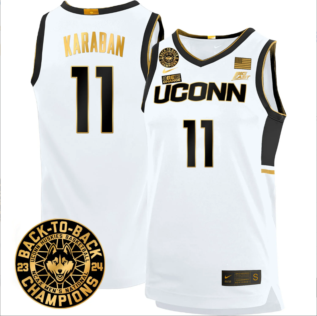 Alex Karaban Jersey #11 UConn Huskies Basketball 2024 Back To Back Champions Patch White Gold