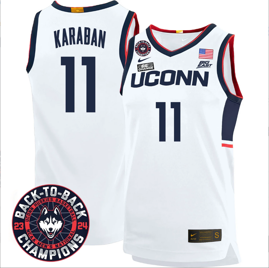 Alex Karaban Jersey #11 UConn Huskies Basketball 2024 Back To Back Champions Patch White Home