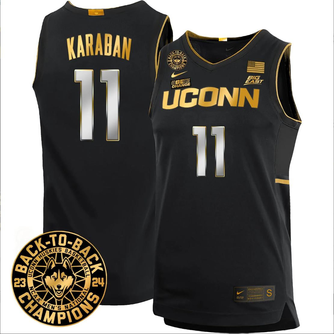 Alex Karaban Jersey #11 UConn Huskies Basketball 2024 Back To Back Champions Patch Navy