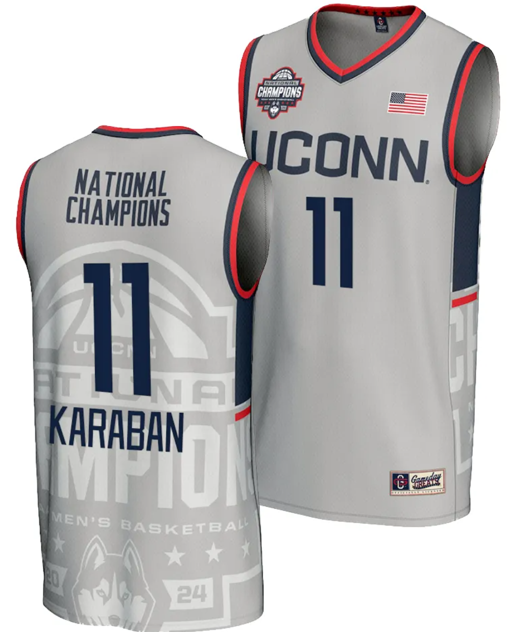 Alex Karaban Jersey #11 UConn Huskies 2024 NCAA Basketball National Champions Lightweight Gray