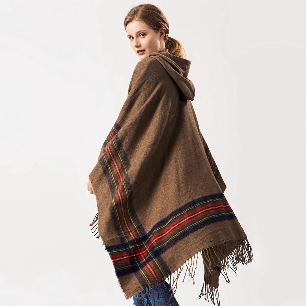 Acrylic Hooded Striped Poncho Shawl