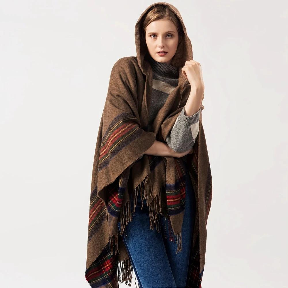 Acrylic Hooded Striped Poncho Shawl
