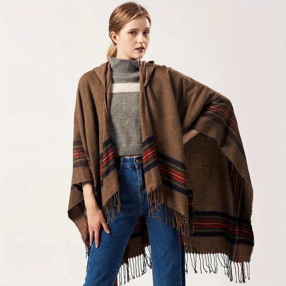 Acrylic Hooded Striped Poncho Shawl