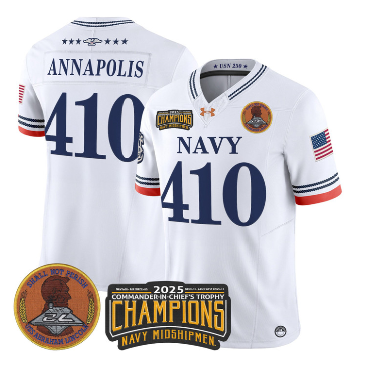 Annapolis Jersey #410 Navy Midshipmen 2025 Trophy Champions Stitched White