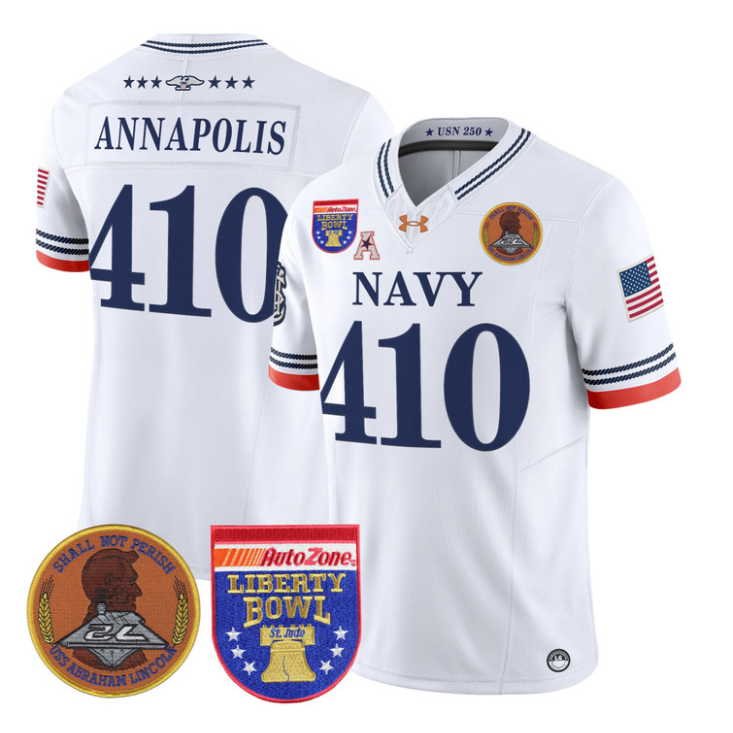 Annapolis Jersey #410 Navy Midshipmen 250th 2026 Liberty Bowl Stitched White