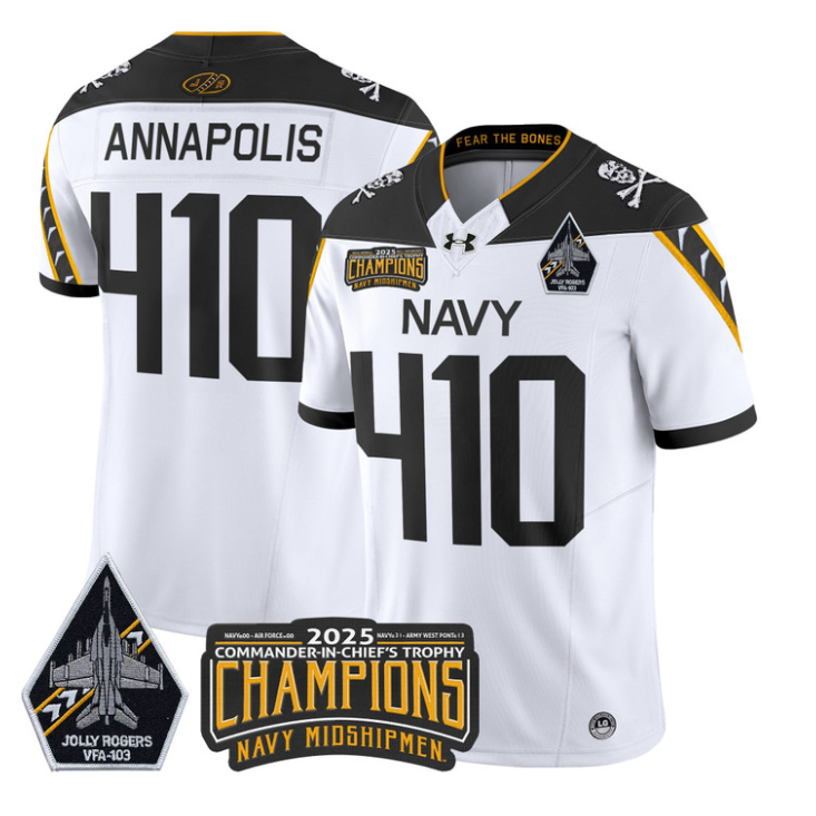 Annapolis Jersey #410 Navy Midshipmen Jolly Rogers 2025 Trophy Stitched White
