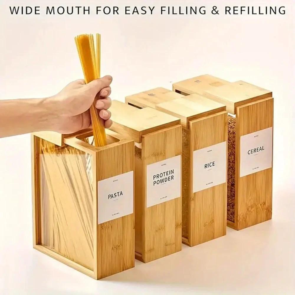 Sliding Bamboo Wood Pasta Grain Storage Container