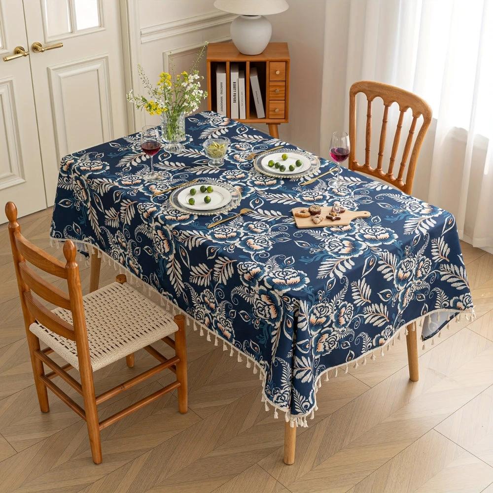 Peacock Blossom Boho Floral Tablecloth with Tassel