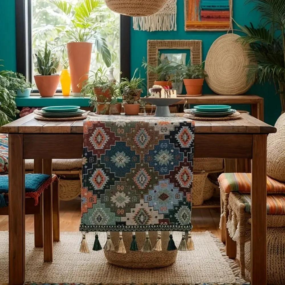 Colorful Geometric Tassel Table Runner Decor