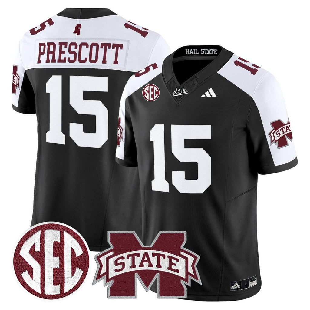 Dak Prescott Jersey #15 Mississippi State Bulldogs Dark Mode Stitched