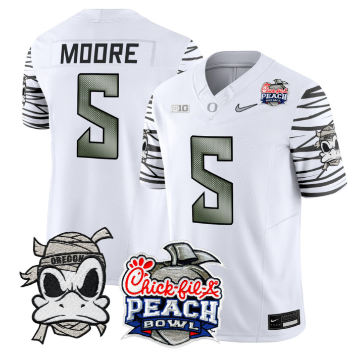 Dante Moore Jersey #5 Oregon Ducks Mummy Duck 2026 Peach Bowl White Limited