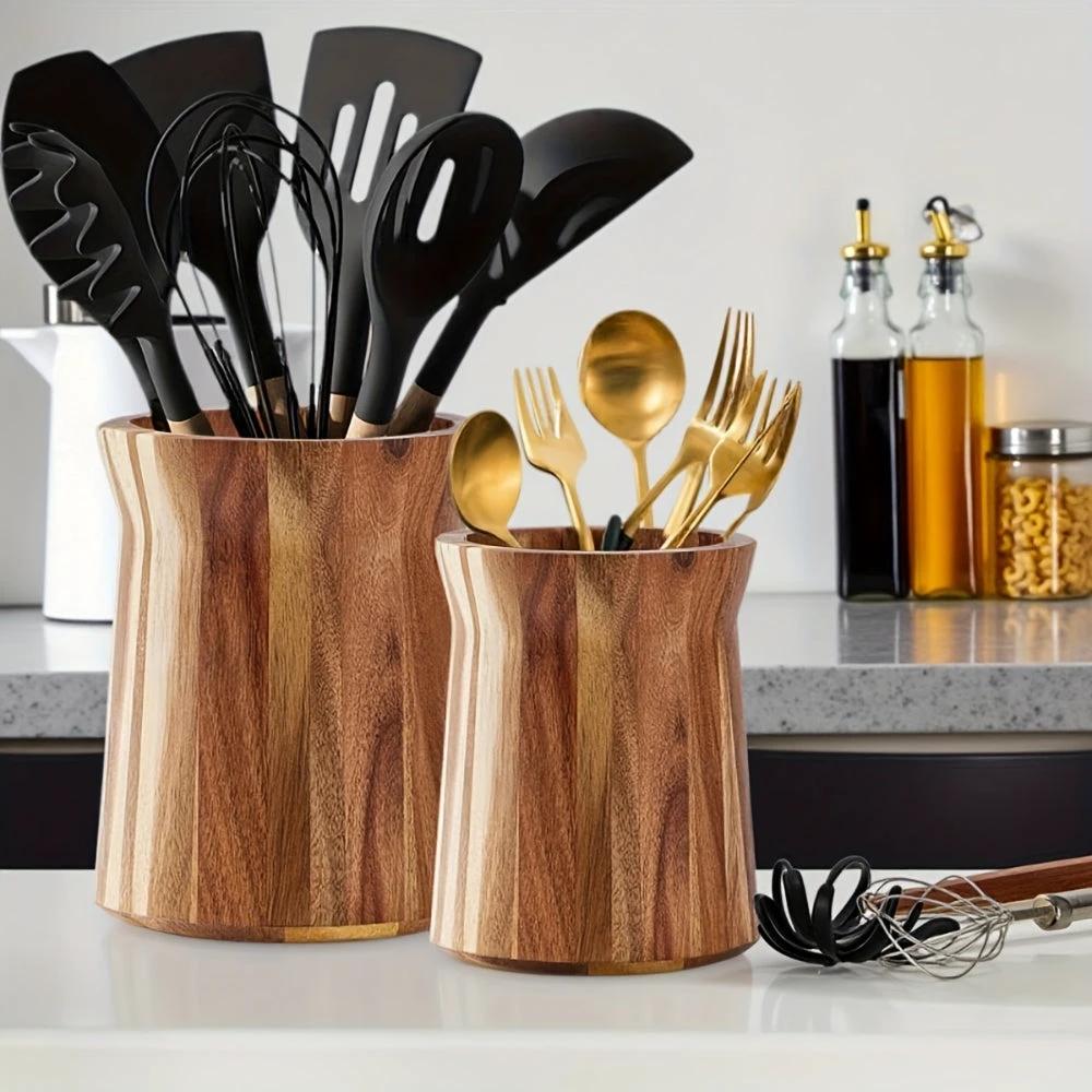 Elegant Acacia Wood Rotating Utensil Holder