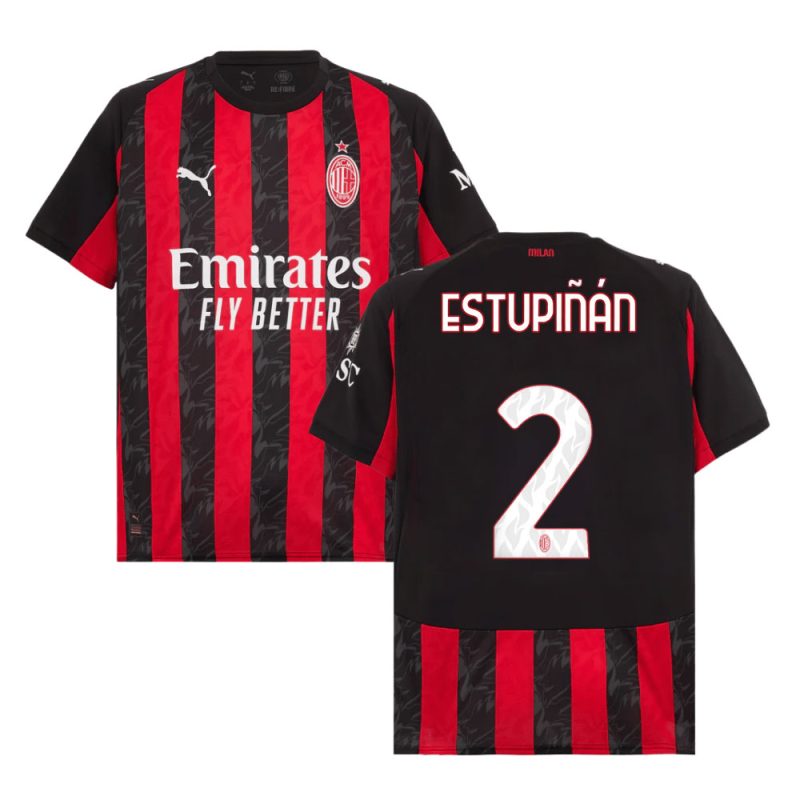 Estupinan #2 AC Milan 2025-26 Home Match Jersey – Red Black