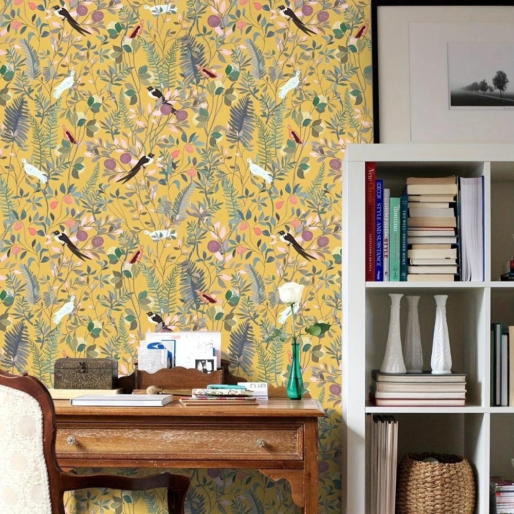 Golden Canopy Bird and Leaf Peelable Wallpaper