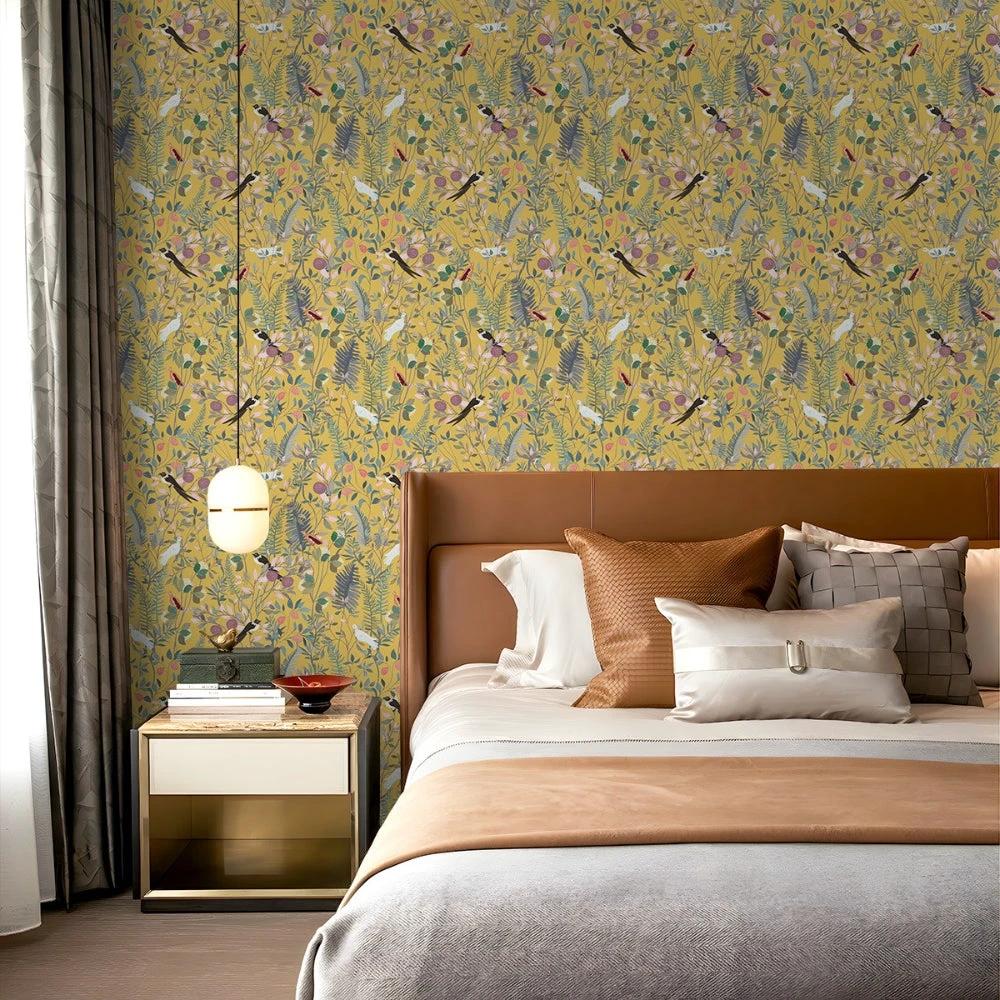 Golden Canopy Bird and Leaf Peelable Wallpaper
