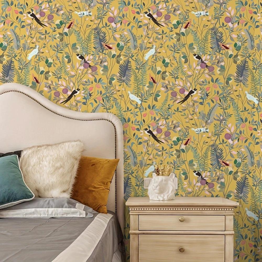 Golden Canopy Bird and Leaf Peelable Wallpaper