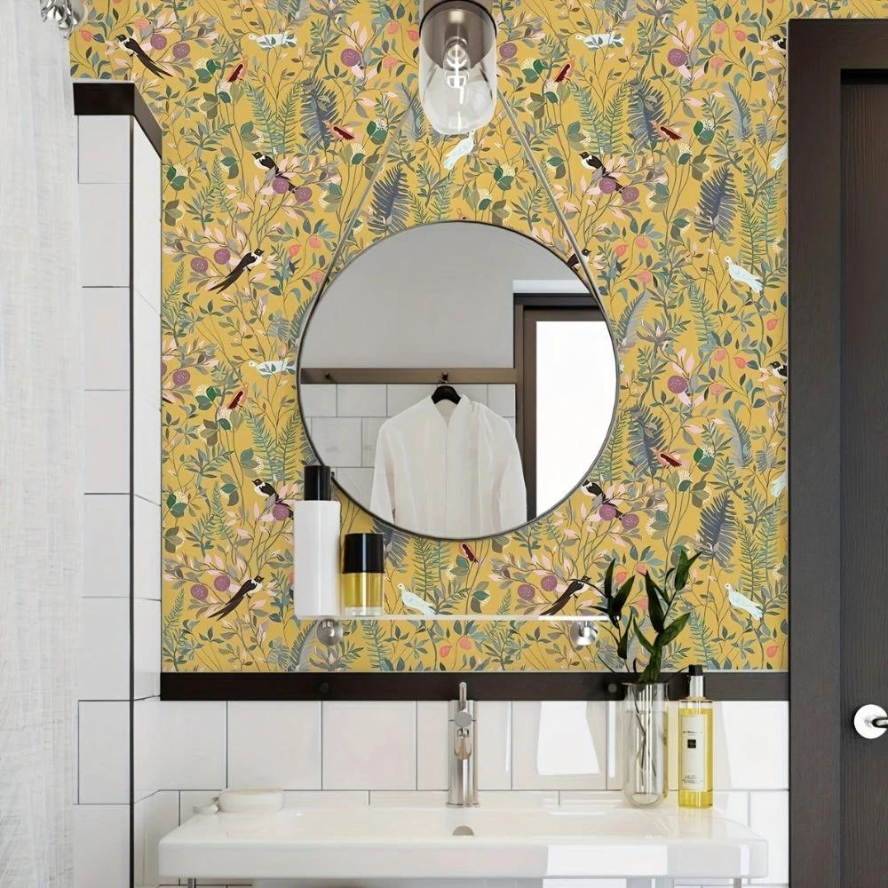 Golden Canopy Bird and Leaf Peelable Wallpaper