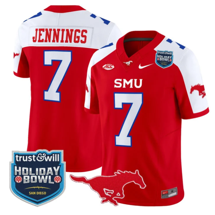 Kevin Jennings Jersey #7 SMU Mustangs 2026 Holiday Bowl Patch Stitched Red Alternate
