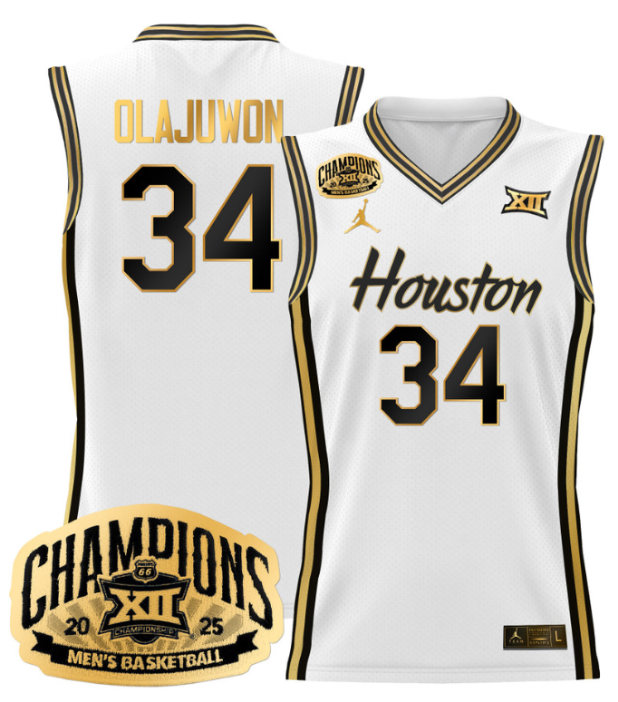 Men Hakeem Olajuwon Jersey #34 Houston Cougar 2025 Big 12 Champions White Gold