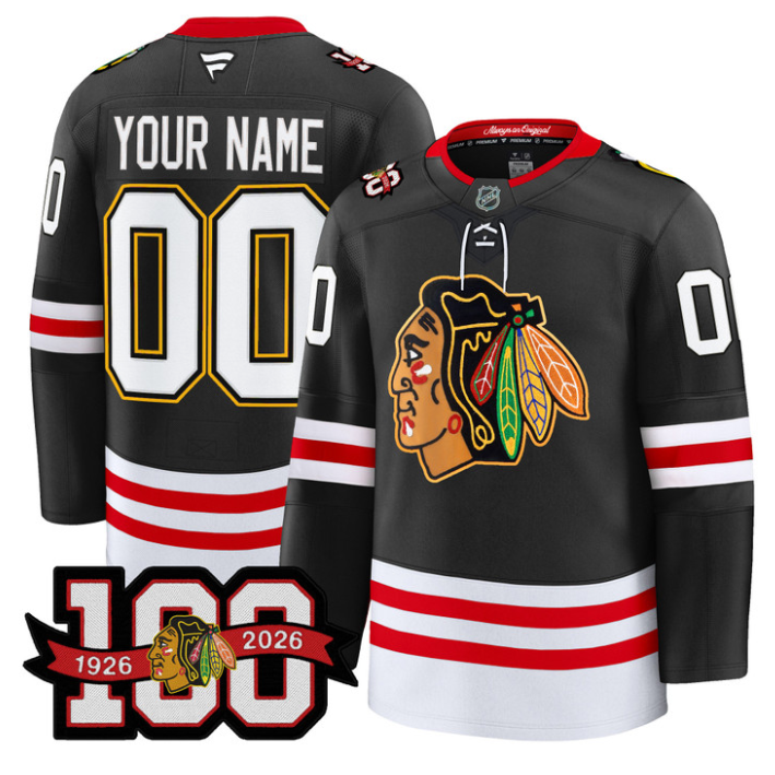 Custom Chicago Blackhawks Jersey 100th Anniversary Premium Stitched Black