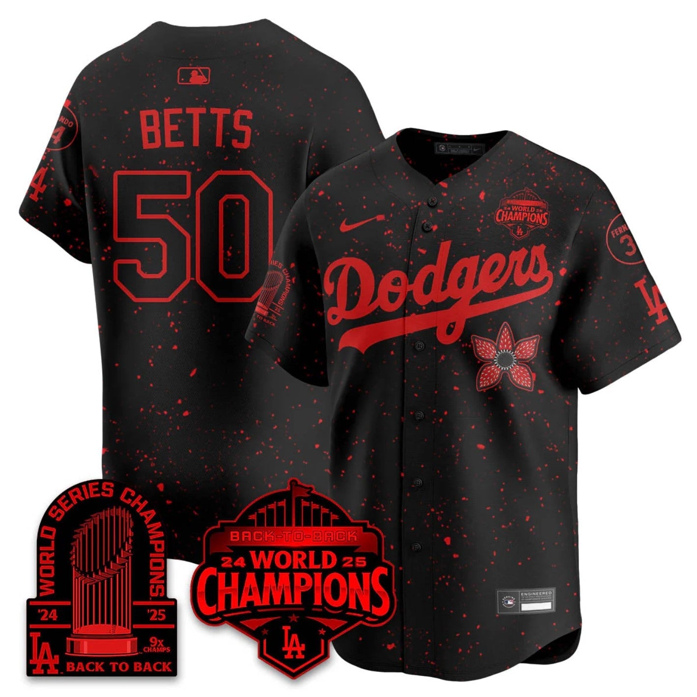 Mookie Betts Jersey #50 Dodgers 2025 Champions Stranger Things 9x Champs Stitched