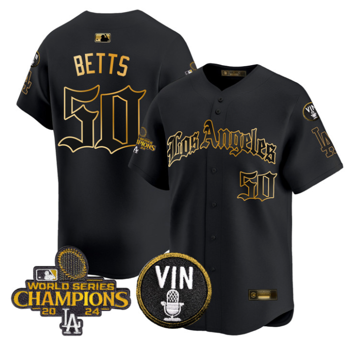 Mookie Betts Jersey #50 Dodgers 2025 LA Gothic Style Stitched