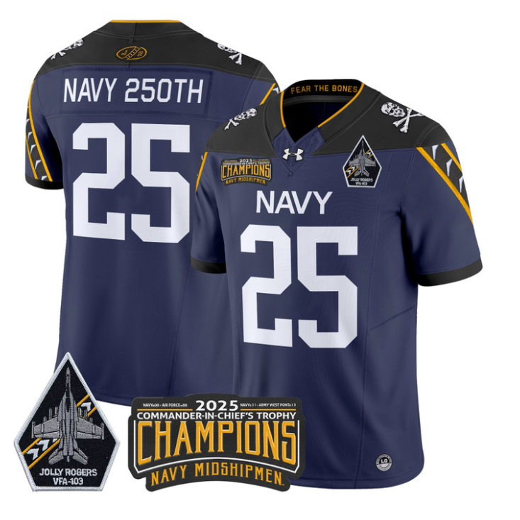 Navy 250th Jersey #25 Navy Midshipmen Jolly Rogers 2025 Trophy Stitched Navy