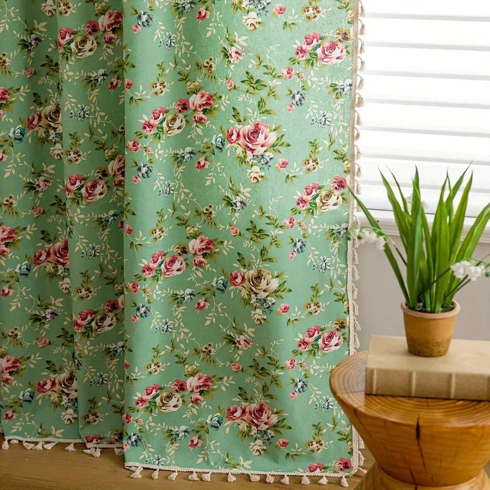 Pastoral Green Rose Tassel Curtain