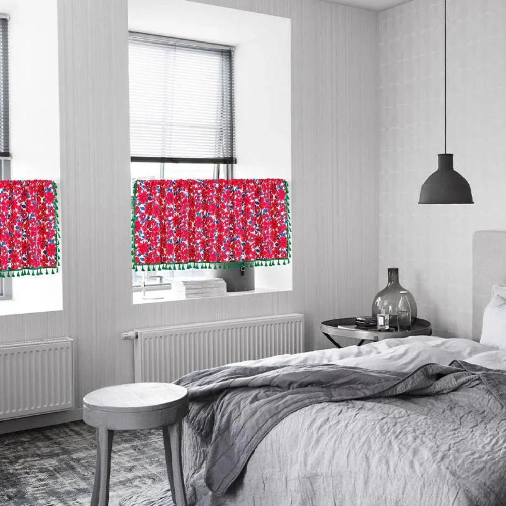 Graceful Red Floral Linen Cabinet Window Curtain