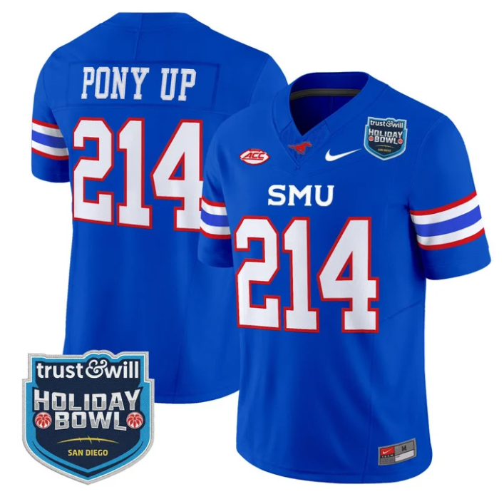 Pony Up Jersey #214 SMU Mustangs 2026 Holiday Bowl Patch Stitched Blue