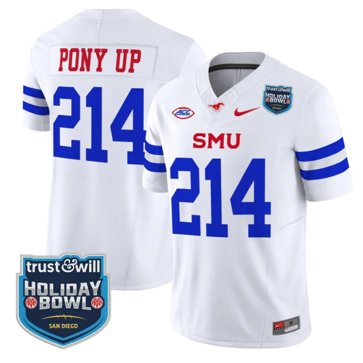 Pony Up Jersey #214 SMU Mustangs 2026 Holiday Bowl Patch Stitched White