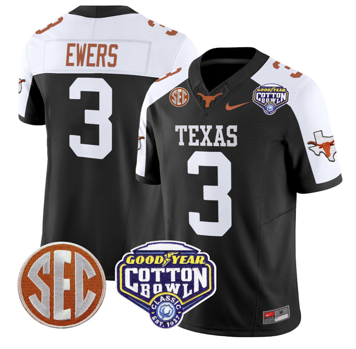Quinn Ewers Jersey #3 Texas Longhorns Cotton Bowl Patch Stitched
