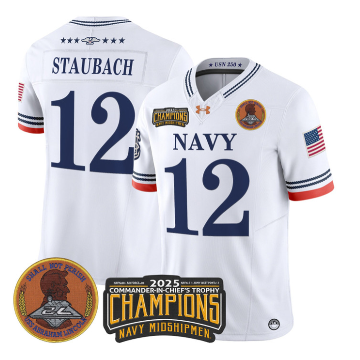 Roger Staubach Jersey #12 Navy Midshipmen 2025 Trophy Champions Stitched White