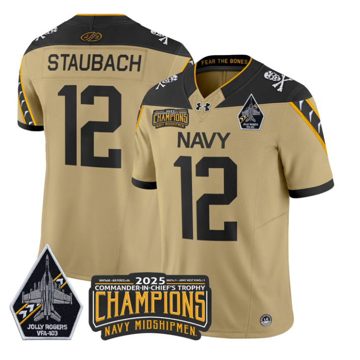 Roger Staubach Jersey #12 Navy Midshipmen Jolly Rogers 2025 Trophy Gold