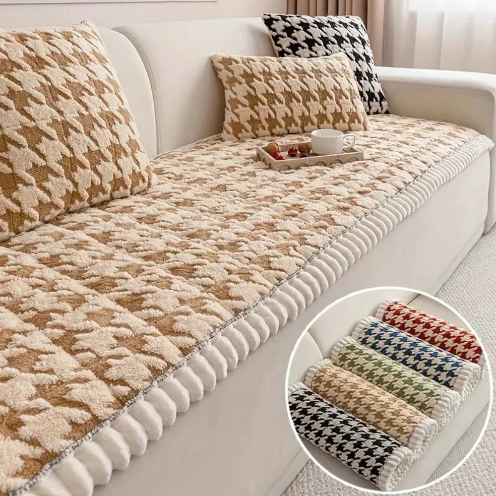 Colourful Plush Houndstooth Sofa Cover and Cushion Cover