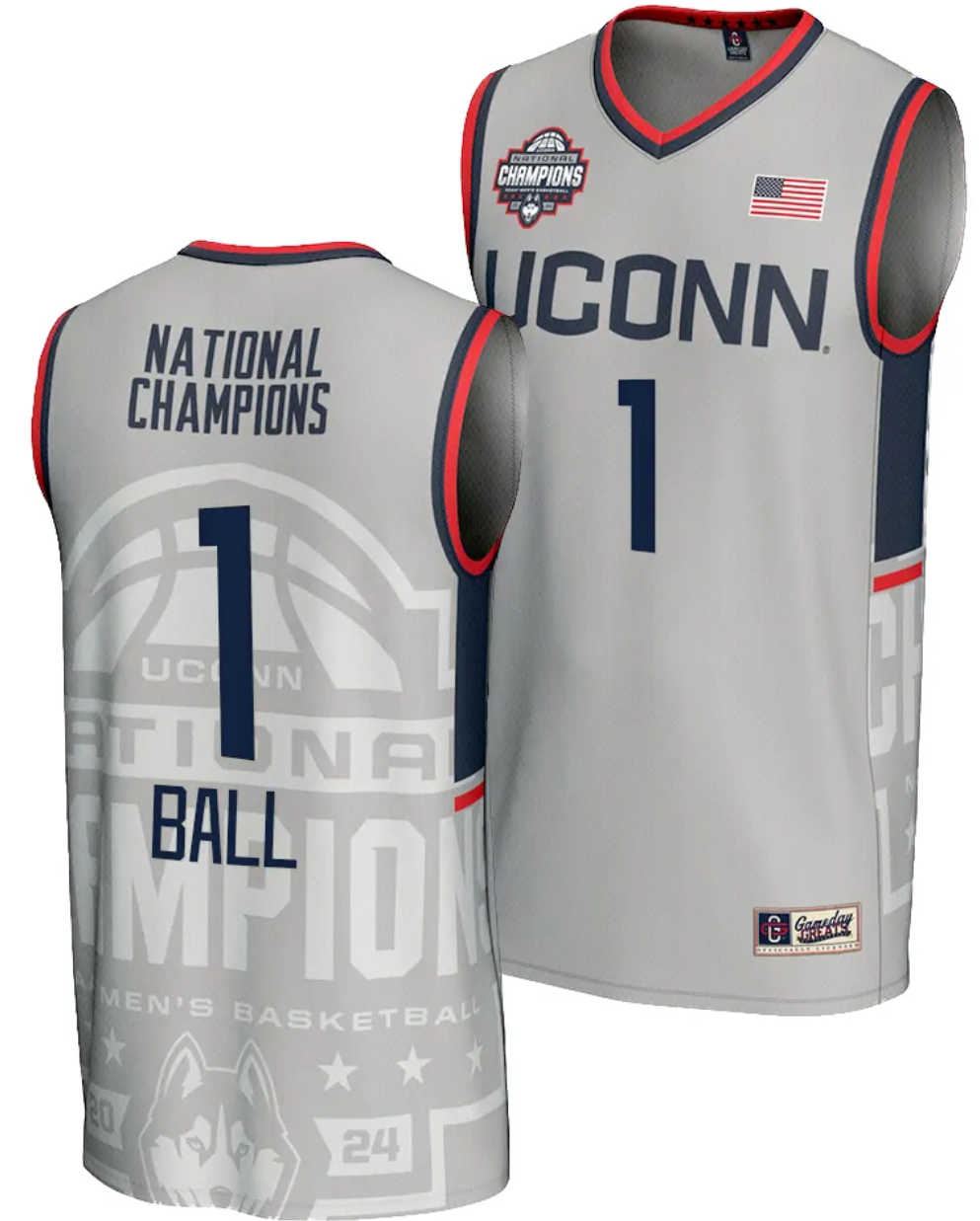 Solomon Ball Jersey #1 UConn Huskies 2024 NCAA Basketball National Champions Lightweight Gray