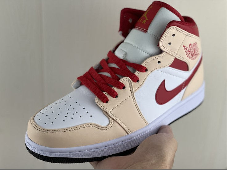 Air Jordan 1 Mid Beige White Red Shoes Sneakers