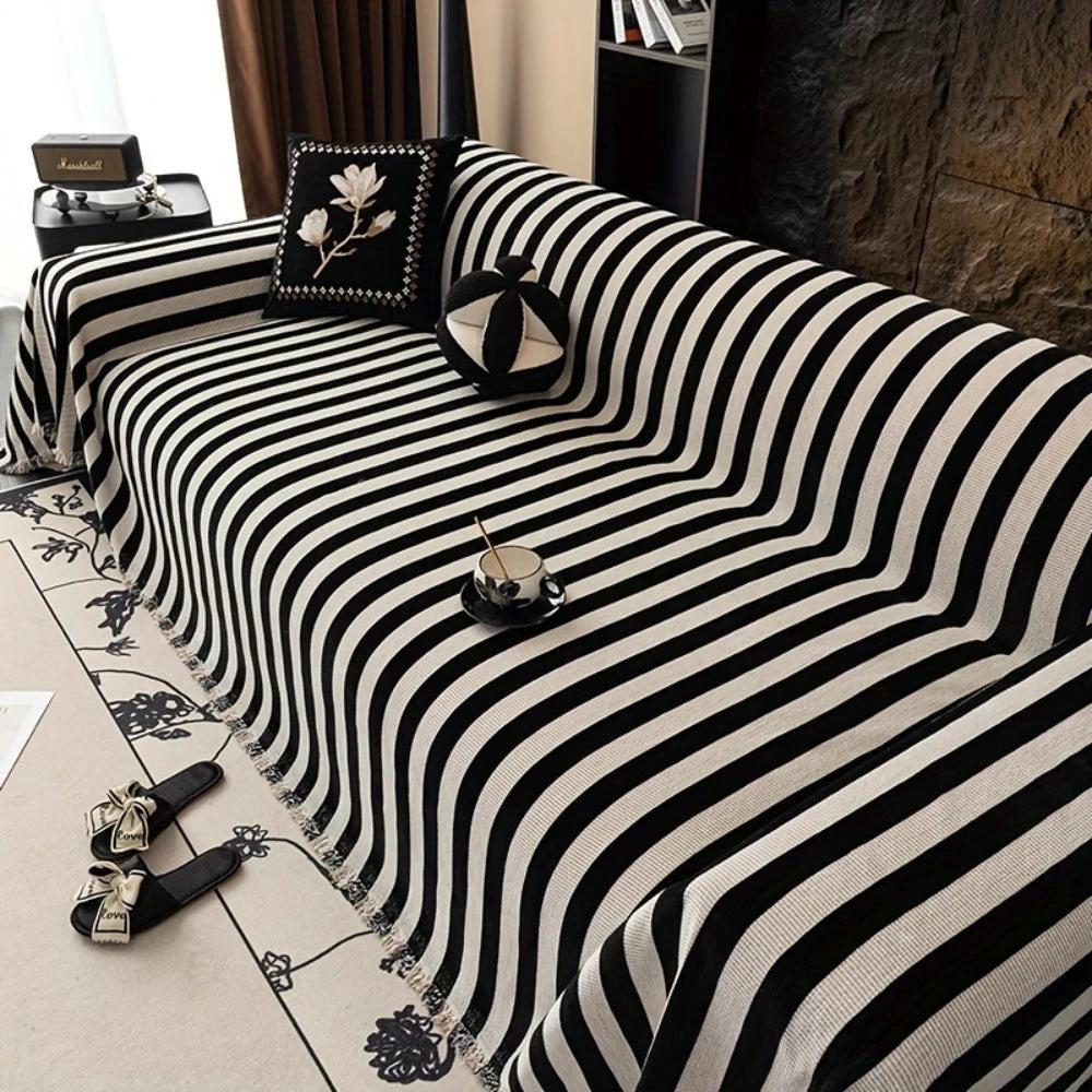 Striped Chenille Black White Sofa Cover