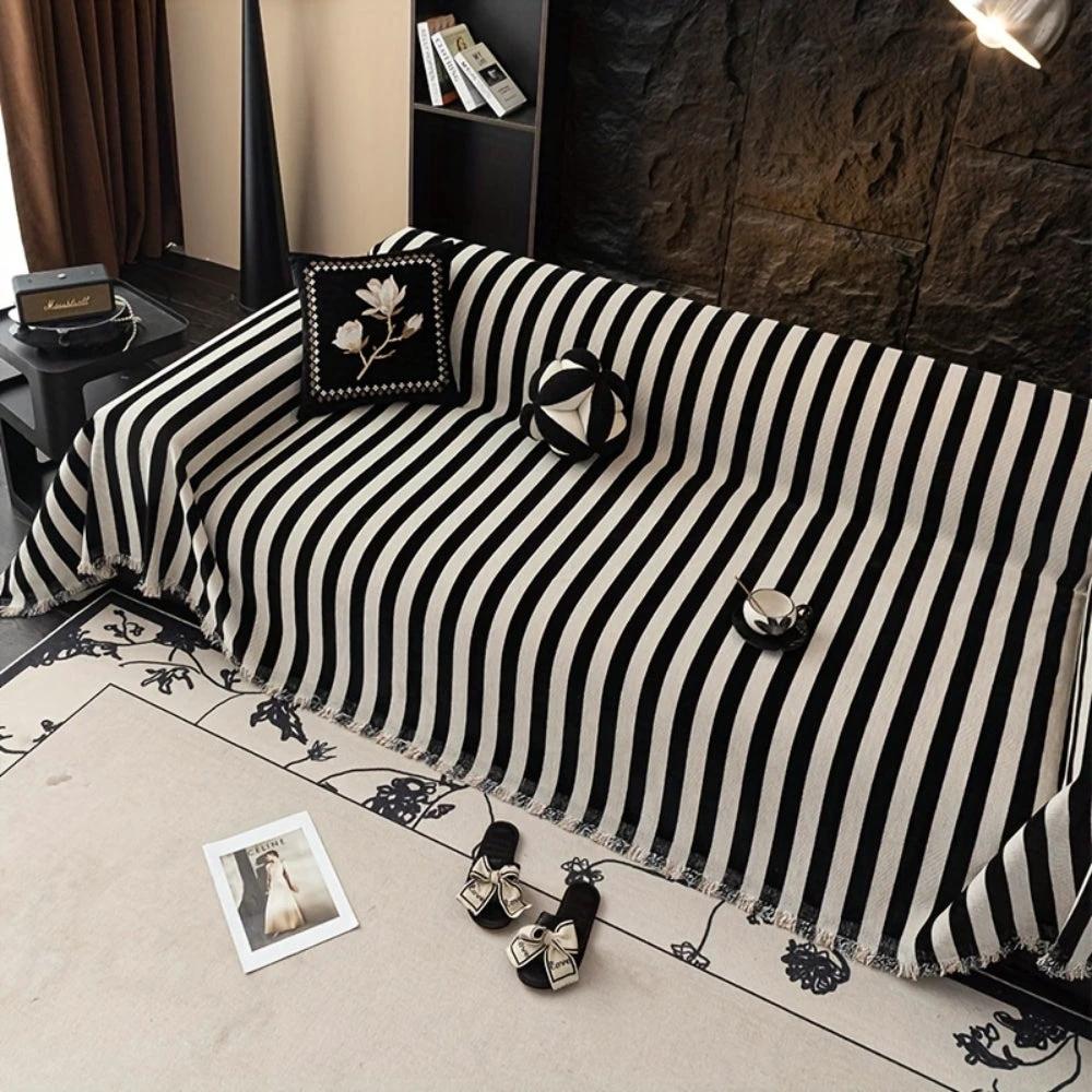 Striped Chenille Black White Sofa Cover