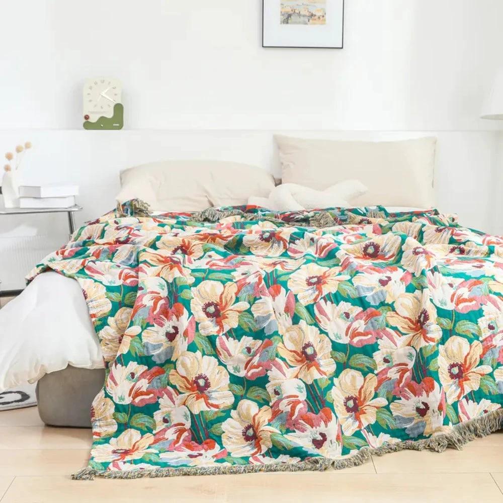 Sunlit Floral Tassel Cotton Blanket