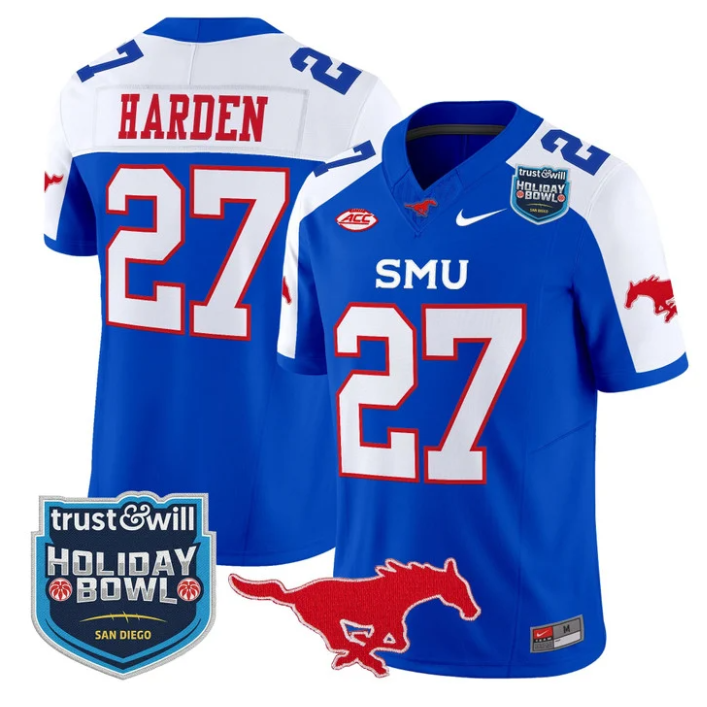 T.J. Harden Jersey #27 SMU Mustangs 2026 Holiday Bowl Patch Stitched Blue Alternate
