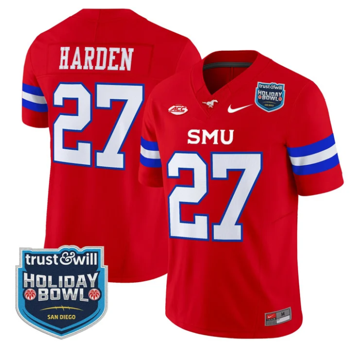 T.J. Harden Jersey #27 SMU Mustangs 2026 Holiday Bowl Patch Stitched Red