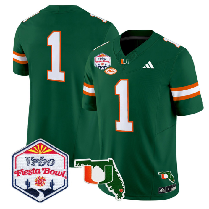 Team Jersey #1 Miami Hurricanes 2026 Fiesta Bowl Florida Stitched Green