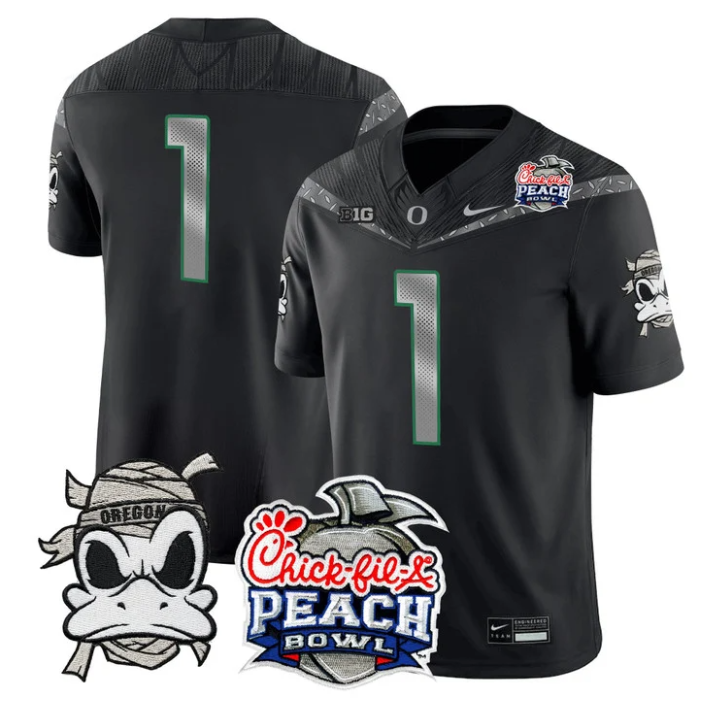 Team Jersey #1 Oregon Ducks Mummy Duck 2026 Peach Bowl Patch Stitched Black
