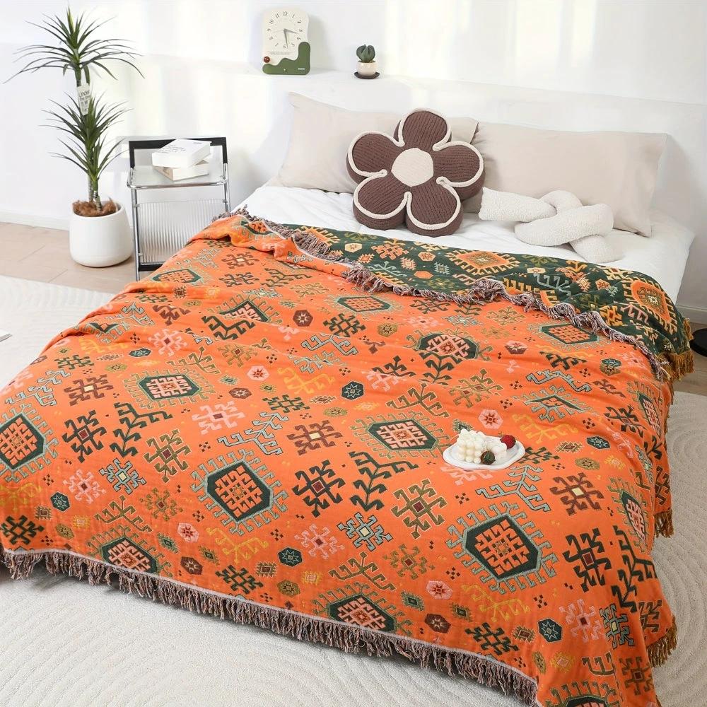 Tribal-Inspired Soft Geometric Fringe Blanket