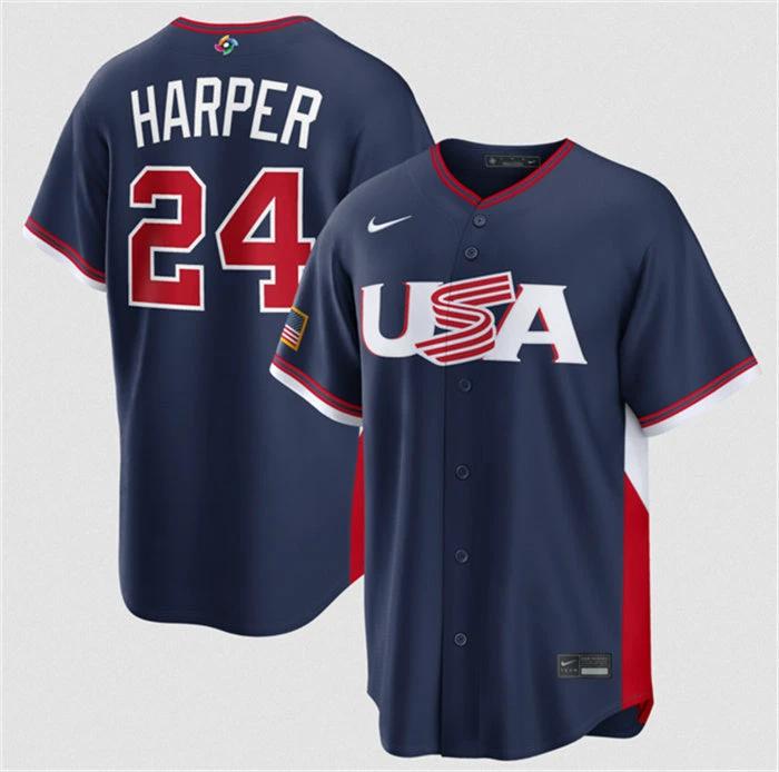 USA Baseball #24 Bryce Harper Jersey Navy 2026 World Baseball Classic Road Stadium Stitched